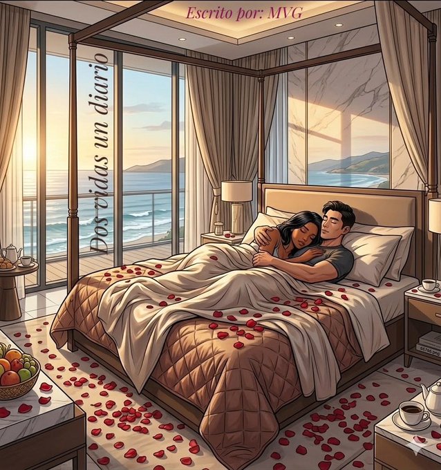 An illustrated scene titled 'Eserito por: MVG' and 'Post-vidas un diario' showing a couple embracing in bed in a luxurious ocean-view bedroom with rose petals scattered around.