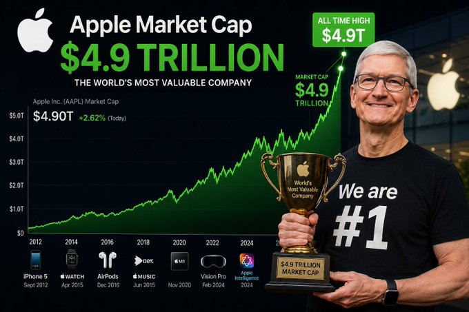 An infographic displays Apple's (AAPL) market cap reaching an all-time high of $4.9 trillion, making it the world's most valuable company, with a timeline of major product launches from 2012 to 2024 and a smiling CEO holding a trophy. The accompanying post celebrates Apple surpassing Nvidia in market value while promoting tokenized stock trading on the XRP Ledger.