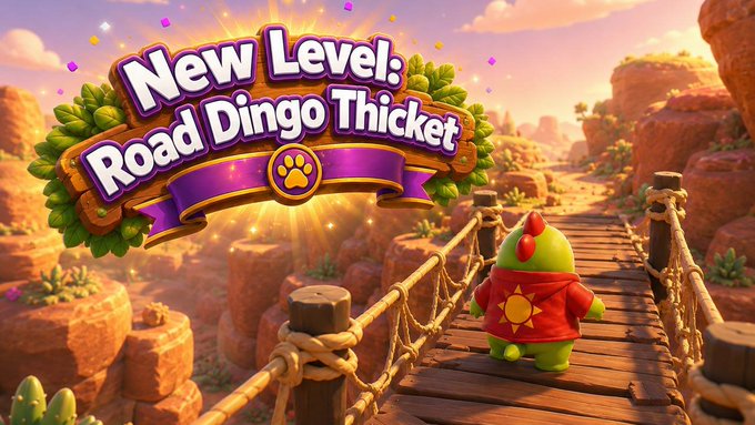 A video game promotional image titled "New Level: Road Dingo Thicket" featuring a green character in a red hooded cloak walking on a wooden rope bridge in a desert canyon setting.