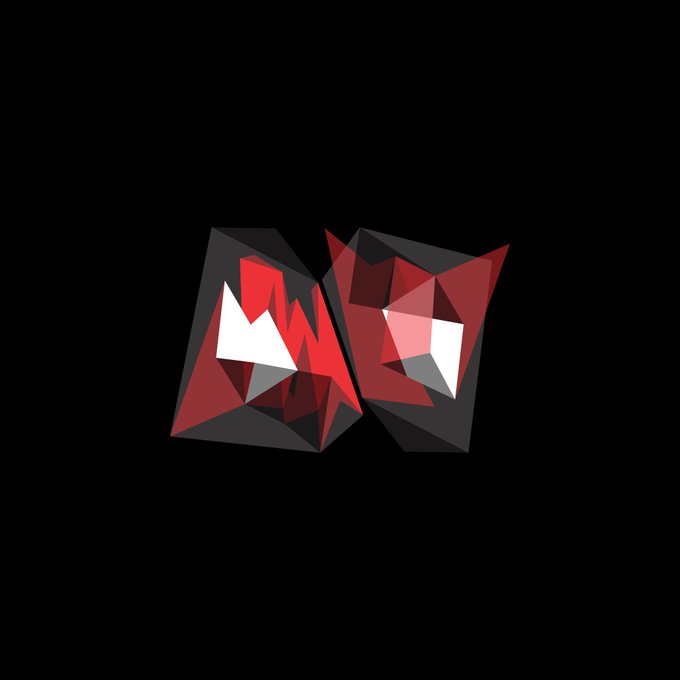 An abstract 3D geometric logo featuring red, white, and dark translucent crystalline shapes against a black background.