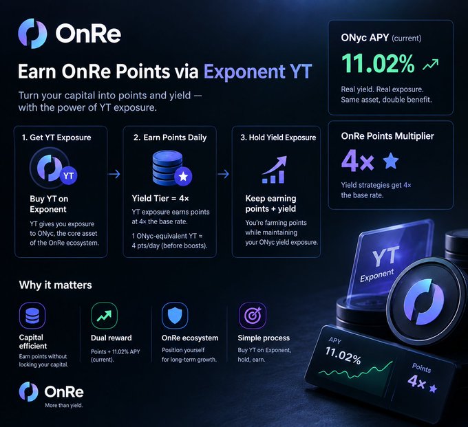 A promotional graphic for 'OnRe' titled 'Earn OnRe Points via Exponent YT', displaying an ONyc APY of 11.02% and explaining a 3-step yield and points process.