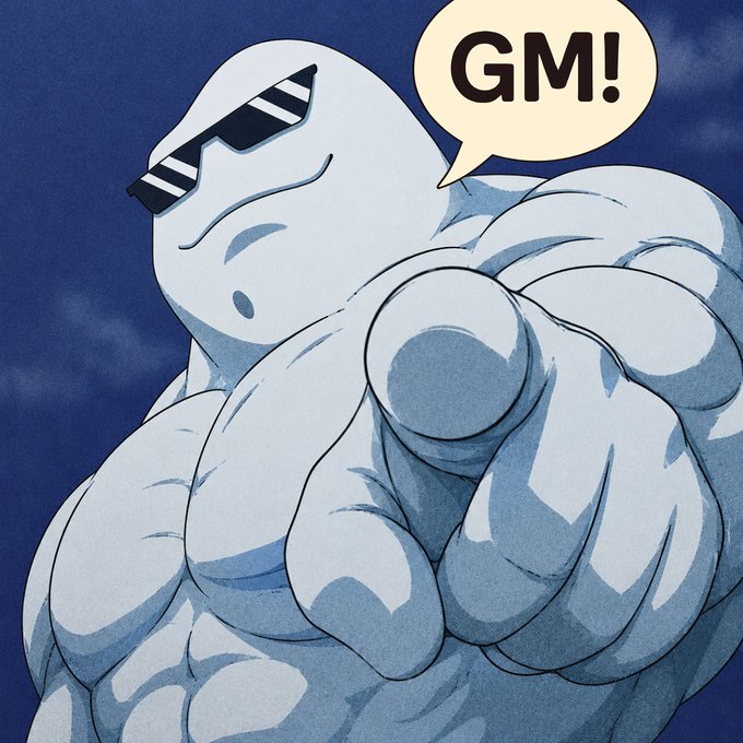 An anime-style illustration of a muscular, pale blue figure wearing sunglasses, pointing at the viewer with a speech bubble saying 'GM!'.