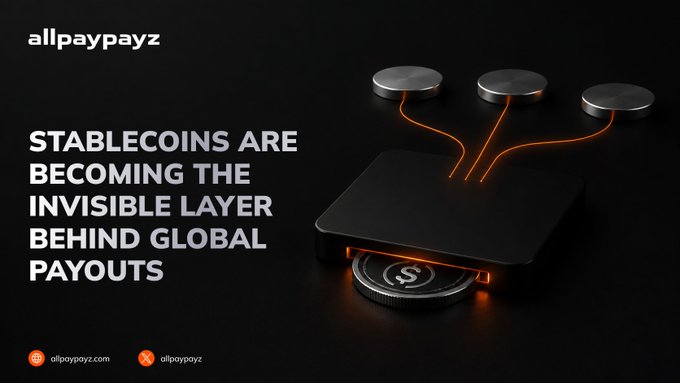 A promotional graphic for allpaypayz with text stating 'STABLECOINS ARE BECOMING THE INVISIBLE LAYER BEHIND GLOBAL PAYOUTS', featuring a 3D render of a black device with orange cables connecting to tokens.