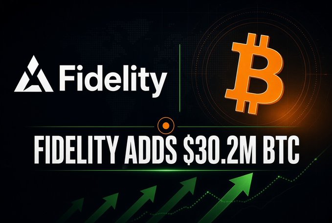 A Fidelity-branded graphic displays a Bitcoin symbol with the headline 'FIDELITY ADDS $30.2M BTC' and upward green arrows suggesting growth.