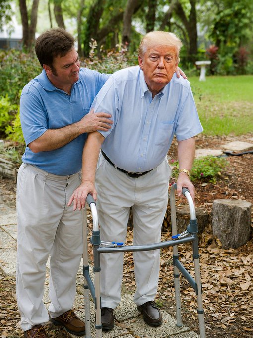 A man aids Donald Trump, who is using a walker, suggesting a need for rest and implying "it's okay grandpa time to go to sleep."
