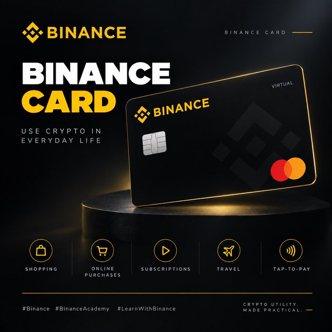 A sleek black Binance virtual Mastercard is displayed on a glowing pedestal with the tagline "Use Crypto in Everyday Life," featuring icons for shopping, online purchases, subscriptions, travel, and tap-to-pay—visually reinforcing the post's message about how the Binance Card bridges cryptocurrency holdings with daily real-world spending.