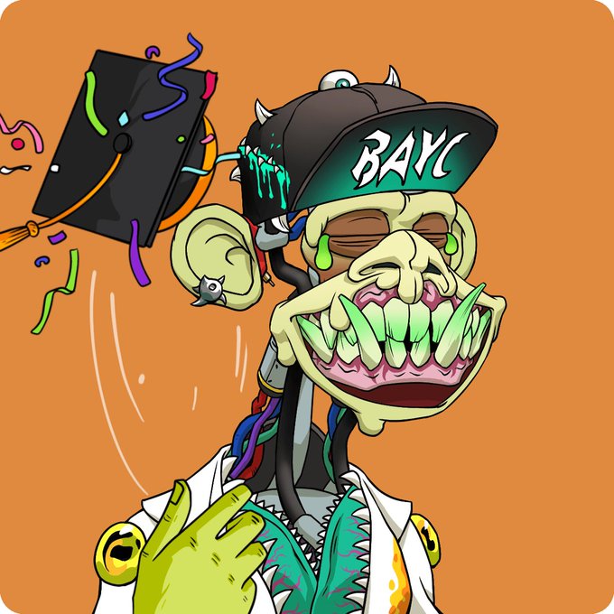 An illustration of a zombie-like Bored Ape character wearing a 'BAYC' cap and holding a graduation cap with confetti, set against an orange background.