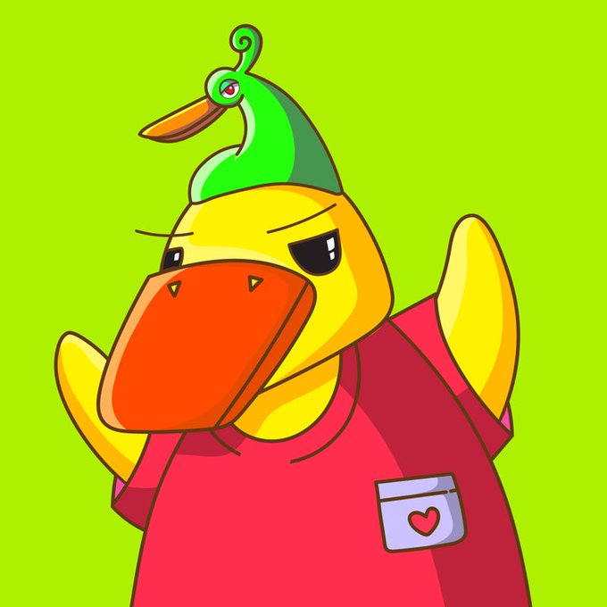 A cartoon yellow duck-like character with an orange beak wearing a pink shirt featuring a heart pocket, and a green swirl accessory on its head.