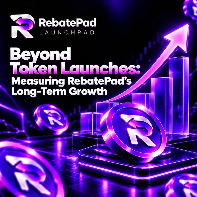 A neon promotional graphic for “RebatePad Launchpad” reads “Beyond Token Launches: Measuring RebatePad’s Long-Term Growth,” with coin-like logos, rising bars, and an upward arrow.