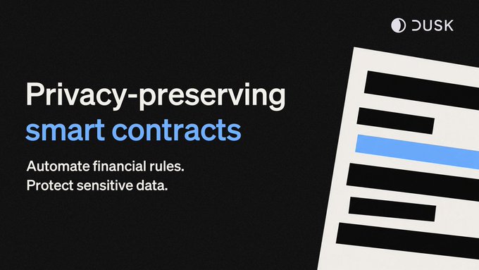 A black graphic with white and blue text reading 'Privacy-preserving smart contracts Automate financial rules. Protect sensitive data.' next to a stylized document illustration and the 'DUSK' logo.