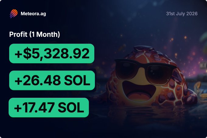 A promotional graphic from Meteora.ag dated 31st July 2026 displays a "Profit (1 Month)" summary of +$5,328.92 (+26.48 SOL) and +17.47 SOL against a backdrop of a smiling cartoon rock wearing sunglasses, visually celebrating the user's successful LPing gains on the platform.