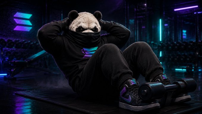 A panda wearing a black hoodie and sweatpants with neon accents, sitting on the floor doing ab exercises with an ab roller in a neon-lit gym setting.