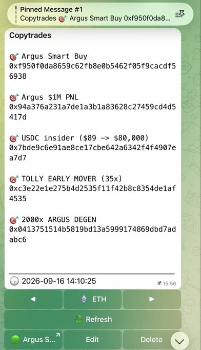 A Telegram pinned message listing 'Copytrades' with various contract addresses including 'Argus Smart Buy 0xf950f0da8659c62fb8e0b5462f05f9cacdf56938' and 'USDC insider ($89 -> $80,000)'.