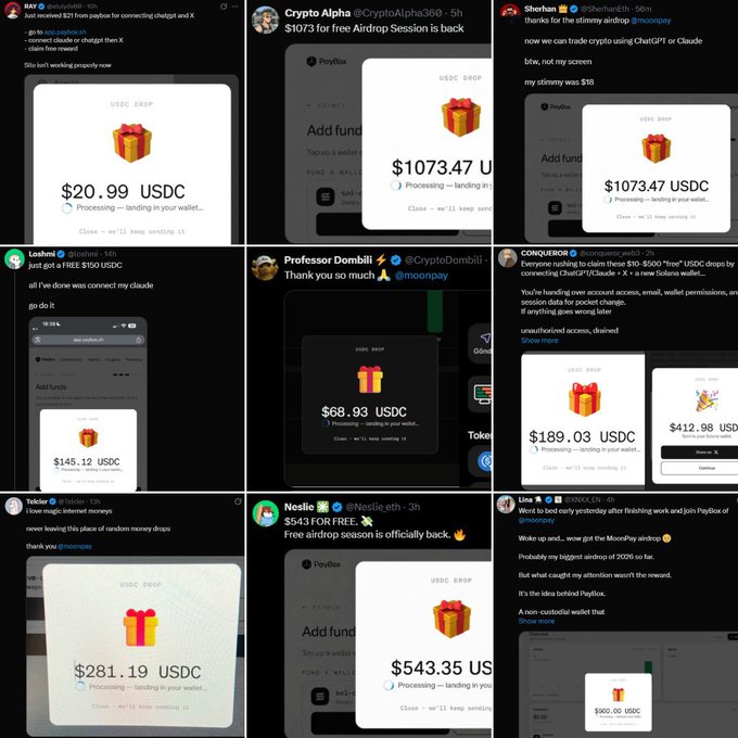 A collage of Twitter posts from various users showing screenshots of USDC gift payouts received through PayBox from @moonpay, with amounts like $20.99, $1073.47, and $189.03.