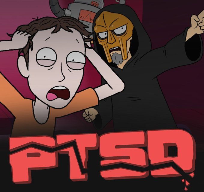 The animated 'PTSQ' cartoon logo features a panicked white character being grabbed from behind by a hooded, masked villain with yellow eyes and a goatee.