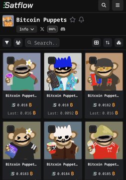 A screenshot of the Satflow NFT marketplace displaying a collection called 'Bitcoin Puppets' with various cartoon character NFTs priced in Bitcoin.