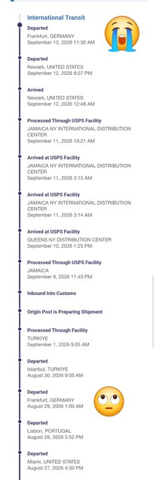 A shipping tracking timeline shows a package's international transit history, including departures from Frankfurt, Newark, and Lisbon, processed through USPS facilities in Jamaica, NY, with laughing and concerned emojis.