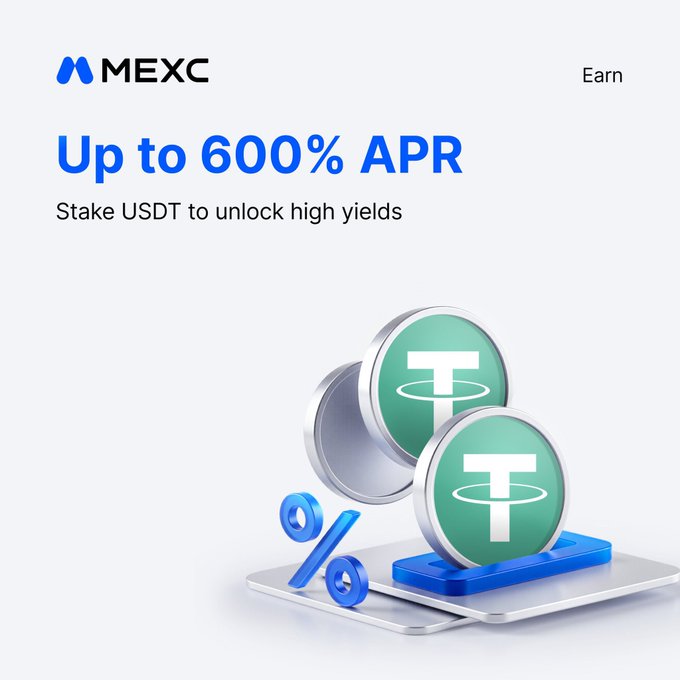 A promotional banner from MEXC's "Earn" program advertises "Up to 600% APR" for staking USDT, featuring a 3D illustration of green Tether (USDT) coins with a blue percent symbol to visually emphasize the high yield offer for new users.