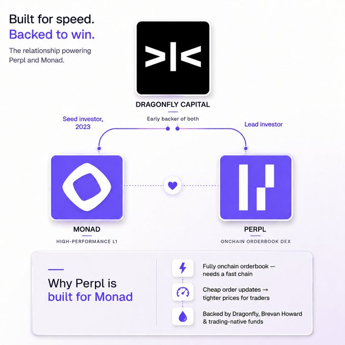 The image shows a flowchart that illustrates two companies' strategies within the financial services industry. The first company, Perpltrade, has decided to invest in a new coin called the @monad currency (coded as 'O2-XZ'.), while the second company, Dragonfly Capital, is backing Perpl trade with a $9.25M investment. This chart helps show how these two companies' strategies are interlinked and might influence each other's performance within the ecosystem.