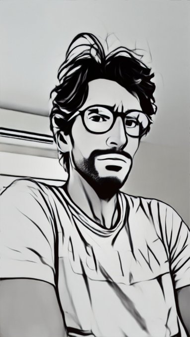 Black and white illustrated/stylized portrait of a man with messy hair, glasses, and a beard, wearing a t-shirt.