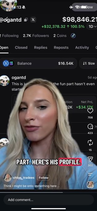 A blonde woman speaks on camera with the caption "PART. HERE'S HIS PROFILE." overlaid, while behind her is the @ogantd Polymarket profile showing a $98,846.21 balance, +100.5% gain (+$32,378.32), 2.7K followers, and a comment by chloe_trades reading "Think I might be onto something here..."—illustrating real users profiting on the platform as part of its global onboarding push.