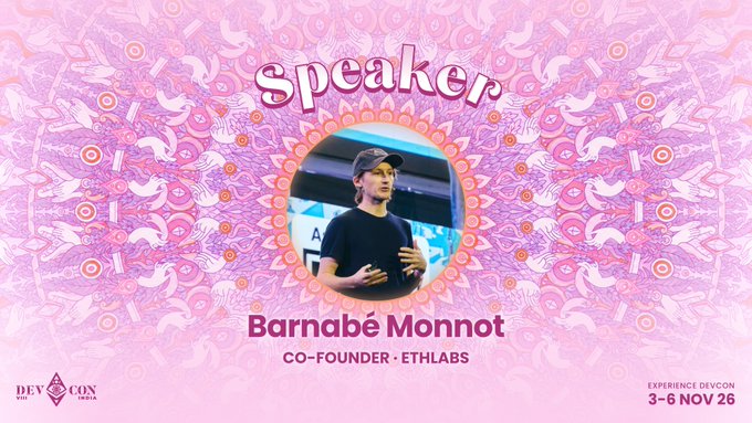 A decorative Devcon 8 speaker card features Barnabé Monnot, Co-Founder of Ethlabs, shown mid-speech in a circular photo against an ornate pink mandala background, with the event dates "3-6 NOV 26" displayed alongside the Devcon India logo.