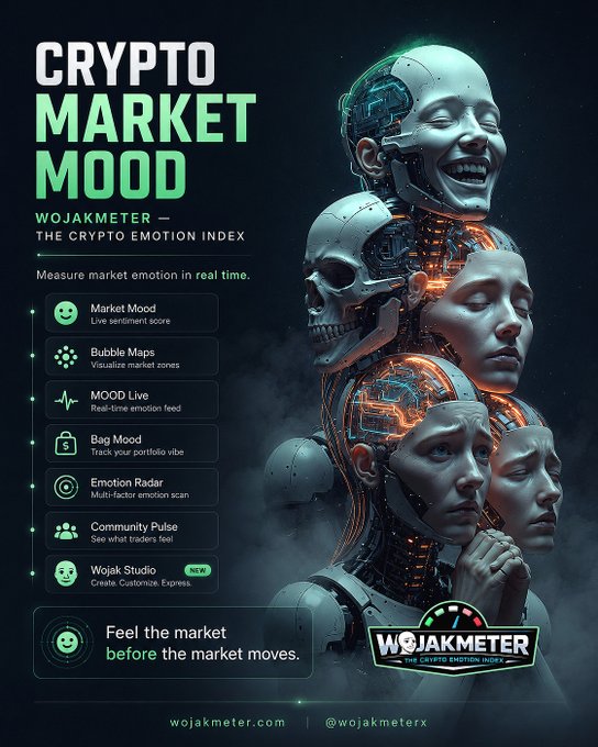 Promotional graphic for 'WOJAKMETER — The Crypto Emotion Index' featuring robot-like humanoid figures displaying various emotions, with features like Market Mood, Bubble Maps, MOOD Live, and Emotion Radar listed.