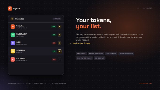 A dark-themed website for 'agora' displays a watchlist of tokens including $AGORA, $AGORACAT, $GAI, $EMIGERAI, and $ALMANAC, with the heading 'Your tokens, your list.'