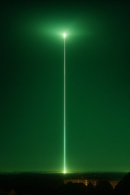 A vertical green laser beam shining into the night sky, with city lights visible in the distance.