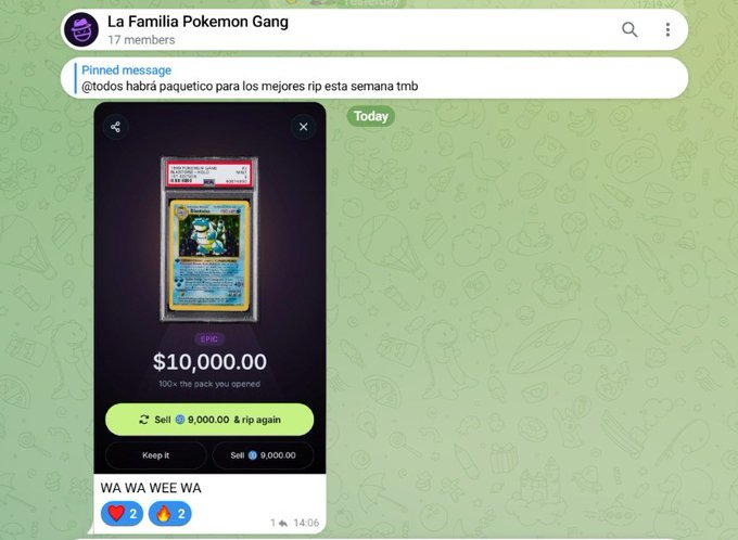A screenshot from the 'La Familia Pokemon Gang' Telegram group showing a pinned message with an Epic Pokemon card pack being opened, valued at $10,000.00, captioned 'WA WA WEE WA'.