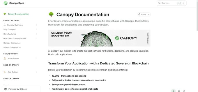 This image displays "Canopy Docs" documentation detailing the creation and deployment of application-specific blockchains with Canopy. The post highlights Canopy's roadmap for future developments.