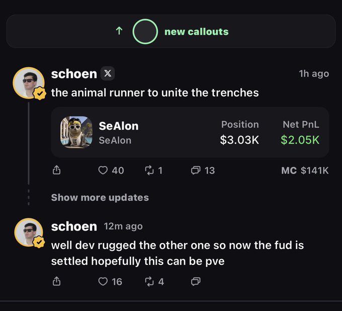 A social media thread by user "schoen" shares trading alpha for token "SeAlon," showing a position of $3.03K with net PnL of $2.05K and market cap of $141K, alongside comments about an "animal runner to unite the trenches" and hopes for resolution of developer ("dev") controversy—highlighting how the post mocks the low $30k/month compensation relative to the high-value insider trading call being shared.