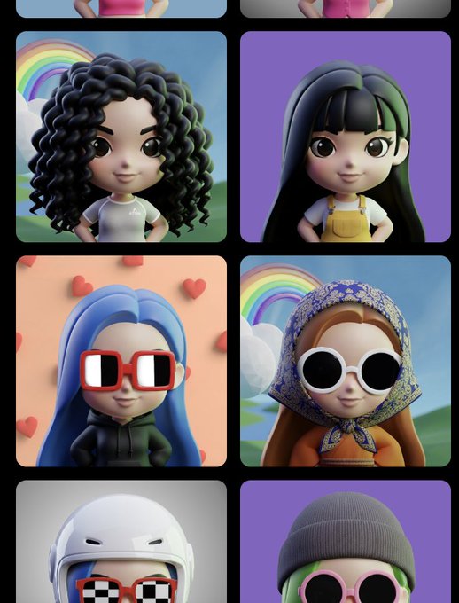 A grid of cartoon-style Memoji avatars featuring diverse hairstyles (curly black hair, straight black hair, blue hair, brown hair with headscarf), various sunglasses and accessories, with rainbow backgrounds.