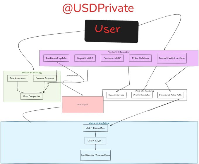 Hand-drawn diagram titled '@USDPrivate' mapping out a product flow from User through Product Interaction, Evolution Strategy, and Platform Features, down through a Royal Whisper layer to a Vision & Evolution section containing USDP Ecosystem, USDM Layer 1, and Confidential Transactions.