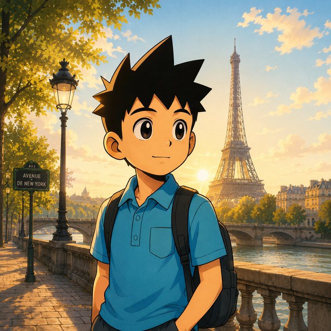 An anime-style illustration of a spiky-haired boy in a blue polo shirt and backpack standing near the Seine River with the Eiffel Tower in the background, near a street sign reading 'AVENUE DE NEW YORK'.