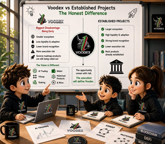 A cartoon-style infographic titled 'Voodex vs Established Projects' compares the two, highlighting Voodex as 'Being Early' versus established projects with 'Larger ecosystem' and 'High liquidity & adoption,' showing three animated characters at a desk.