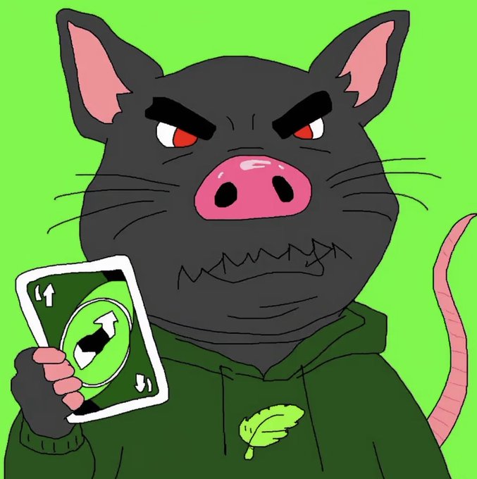 A cartoon illustration of an angry black rat with red eyes holding a green reverse Uno card, wearing a green hoodie.