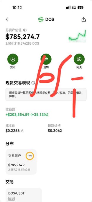 A mobile screenshot of a cryptocurrency portfolio app showing a total asset value of $785,274.7 in DOS tokens, with red handwritten '是' (yes) and '个' (individual) markings drawn over the interface.