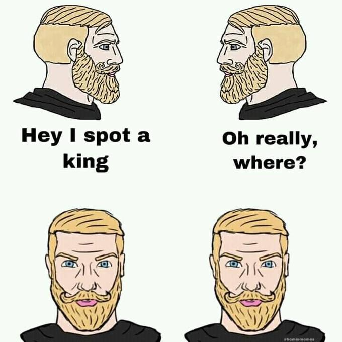 A four-panel meme with two identical bearded men in profile facing each other ("Hey I spot a king" / "Oh really, where?"), then two identical front-facing men with mustaches who together form the king shape from the beards above.