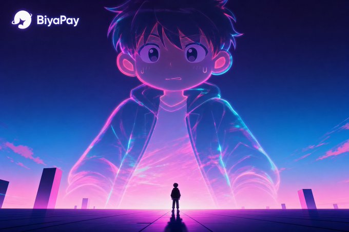 A neon-lit anime-style giant boy with the 'BiyaPay' logo in the corner towers over a small figure in a pink and blue cityscape.