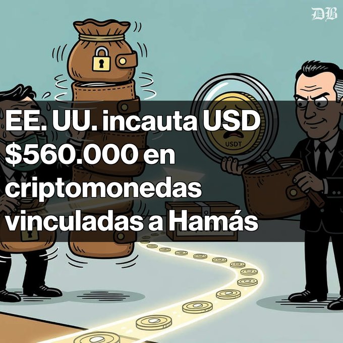 A cartoon illustration showing stacks of locked money bags, a coin labeled 'USDT' being examined, and coins trailing along the floor; overlaid Spanish text reads 'EE. UU. incauta USD $560.000 en criptomonedas vinculadas a Hamás' (US seizes $560,000 USD in cryptocurrencies linked to Hamas).