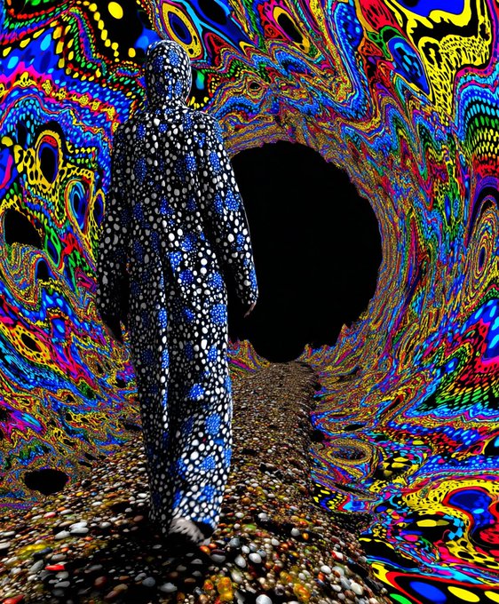 A surreal digital artwork featuring a humanoid figure covered in black and white polka dots standing in a psychedelic, colorful tunnel with a large black void in the center.