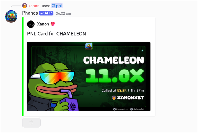 A chat message from 'Phanes' displays a 'CHAMELEON 11.0x' PNL card featuring Pepe the Frog wearing sunglasses and holding a drink, credited to XANONXBT with a call price of 98.5K.