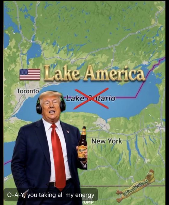 A meme featuring a Trump-like figure wearing headphones and holding a "Shiner Bock" beer, set against a map where "Lake America" is overlaid on the North American Great Lakes region with "Lake Ontario" crossed out. The image promotes the "$LA" meme coin (FMNRUmT6RUVRx2xufF9xwBC5a5WdRNKYCzaxyYCRpump) by humorously claiming ownership of Lake Ontario, with a caption reading "O-A-Y, you taking all my energy" and credited to "@RealDWNead."