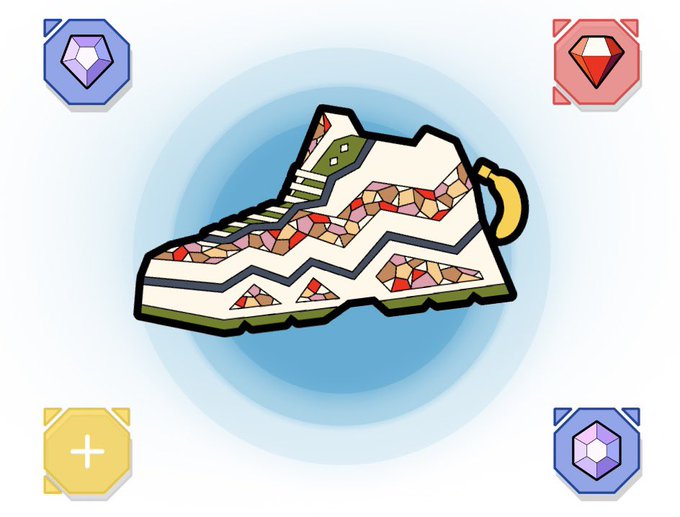 The image features a cartoon shoe with a banana sticking out of its back pocket, surrounded by four different colored gemstones. The background of the image is blue, which contrasts nicely with the colorful elements within the scene.