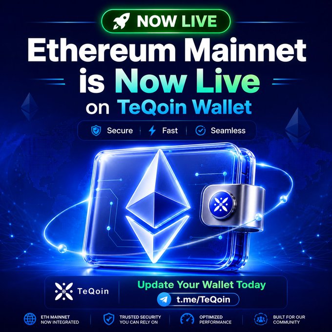 A promotional graphic announcing "Ethereum Mainnet is Now Live on TeQoin Wallet," featuring a glowing digital wallet with the Ethereum logo, padlock security icon, and call-to-action text "Update Your Wallet Today" alongside the Telegram link t.me/TeQoin and feature highlights (Secure, Fast, Seamless). The image visually reinforces the post's milestone announcement of ETH Mainnet integration by showcasing the wallet's new capability with security and performance messaging.