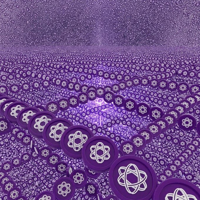 A surreal 3D rendering featuring an infinite purple room covered with atomic/molecular symbols, creating an Escher-like impossible architecture with purple coins bearing atom logos.