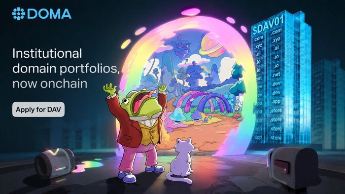 A vibrant promotional graphic for DOMA featuring a cartoon frog character in a red jacket standing next to a white cat, gazing through a glowing portal at a fantasy landscape. On the left, text reads "Institutional domain portfolios, now onchain" with an "Apply for DAV" button, while on the right, illuminated skyscrapers display TLD extensions like .com, .xyz, .ai, .io, .net, .dev, and .app under the header "SDAV01"—visually representing the tokenization of domain portfolios into a unified onchain financial framework as described in the post.