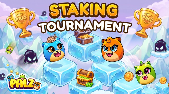 A colorful promotional graphic for a 'STAKING TOURNAMENT' by PALZ, featuring cartoon animal characters on ice platforms with treasure chests and gold trophies.