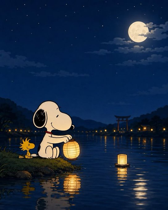 An illustration shows Snoopy and Woodstock releasing paper lanterns over a moonlit lake, with a torii gate visible in the distance and lanterns glowing on the water.